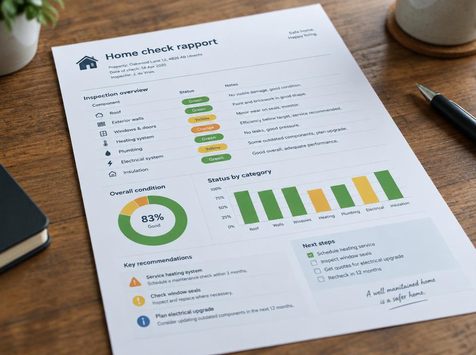 Een home check rapport met meetresultaten op tafel